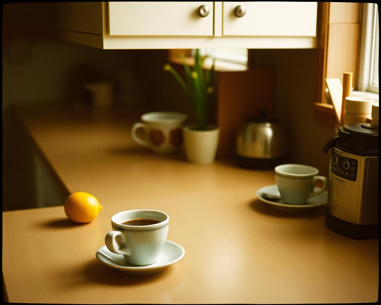 Coffee on a sunlit kitchen counter