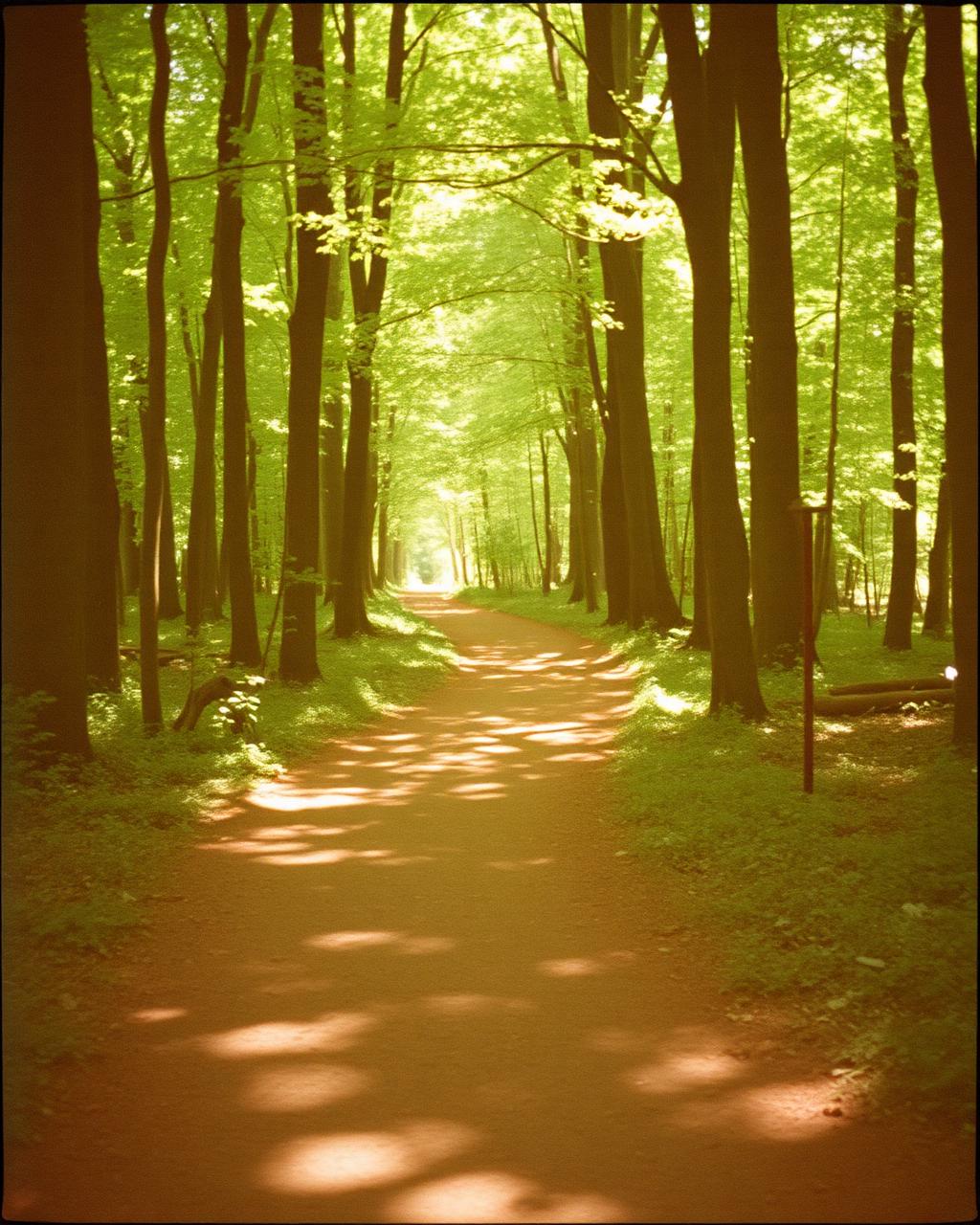 Forest trail with dappled sunlight