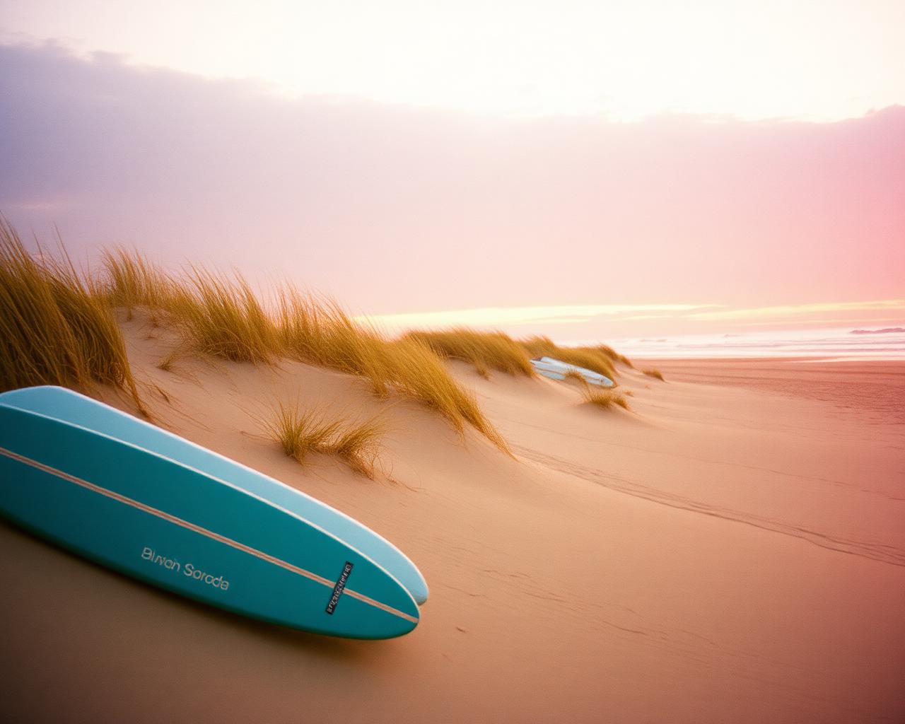 Surfboards on beach dunes at sunset